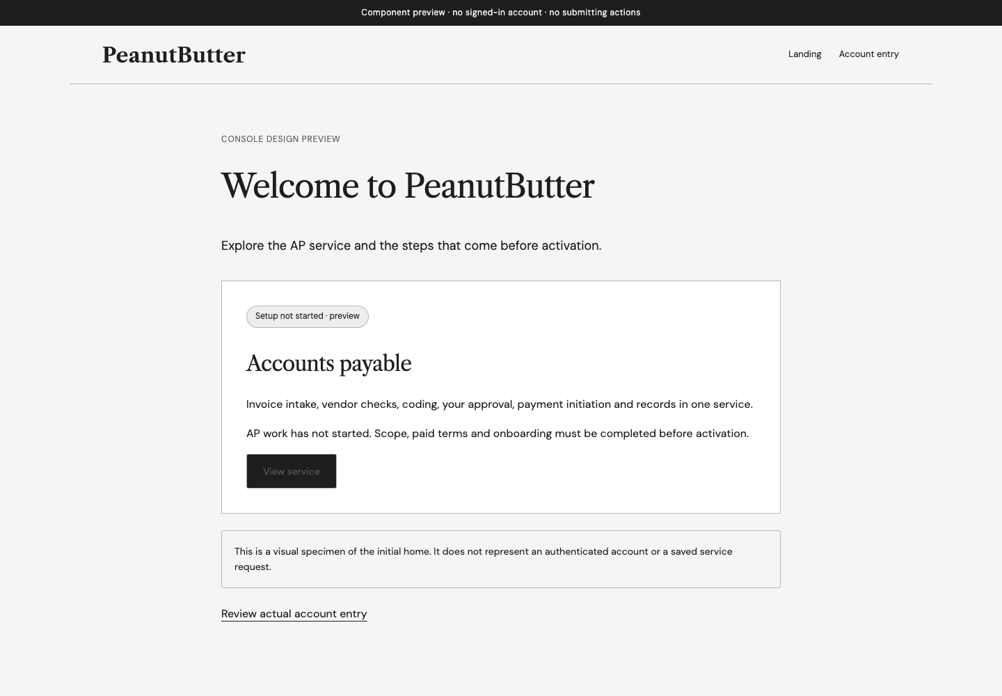 PeanutButter Console design preview: Accounts Payable, setup not started. No invoice work or payments have begun.